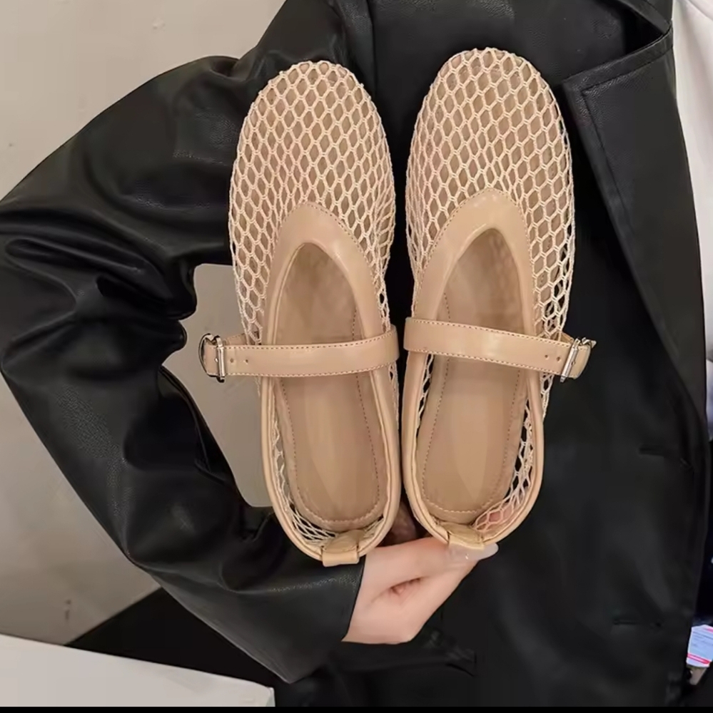 Women's Beige Mesh Flats - Picture 2 of 7